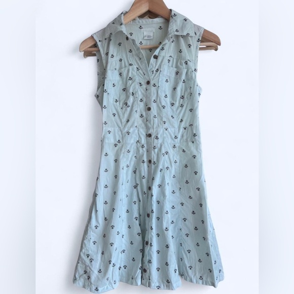 Y2K Urban Outfitters Anchor Print Dress Nautical Blue Striped Button-Up Dress XS - Picture 1 of 15